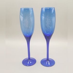 Cobalt Blue Champagne Flutes with Etched Grapes Design - Set of 2